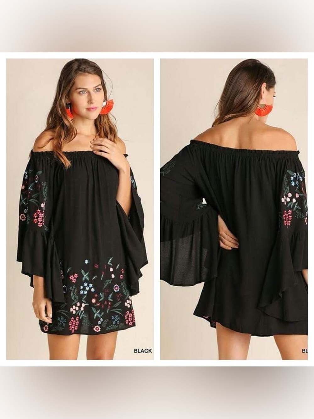 Umgee Black Off-Shoulder Floral Embroidered Tunic Dress Dramatic Bell Sleeves S